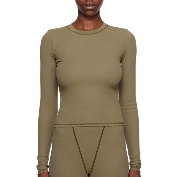 Skims Cotton Rib Long Sleeve Shirt Top Army Green XSmall NWT - Picture 1 of 6